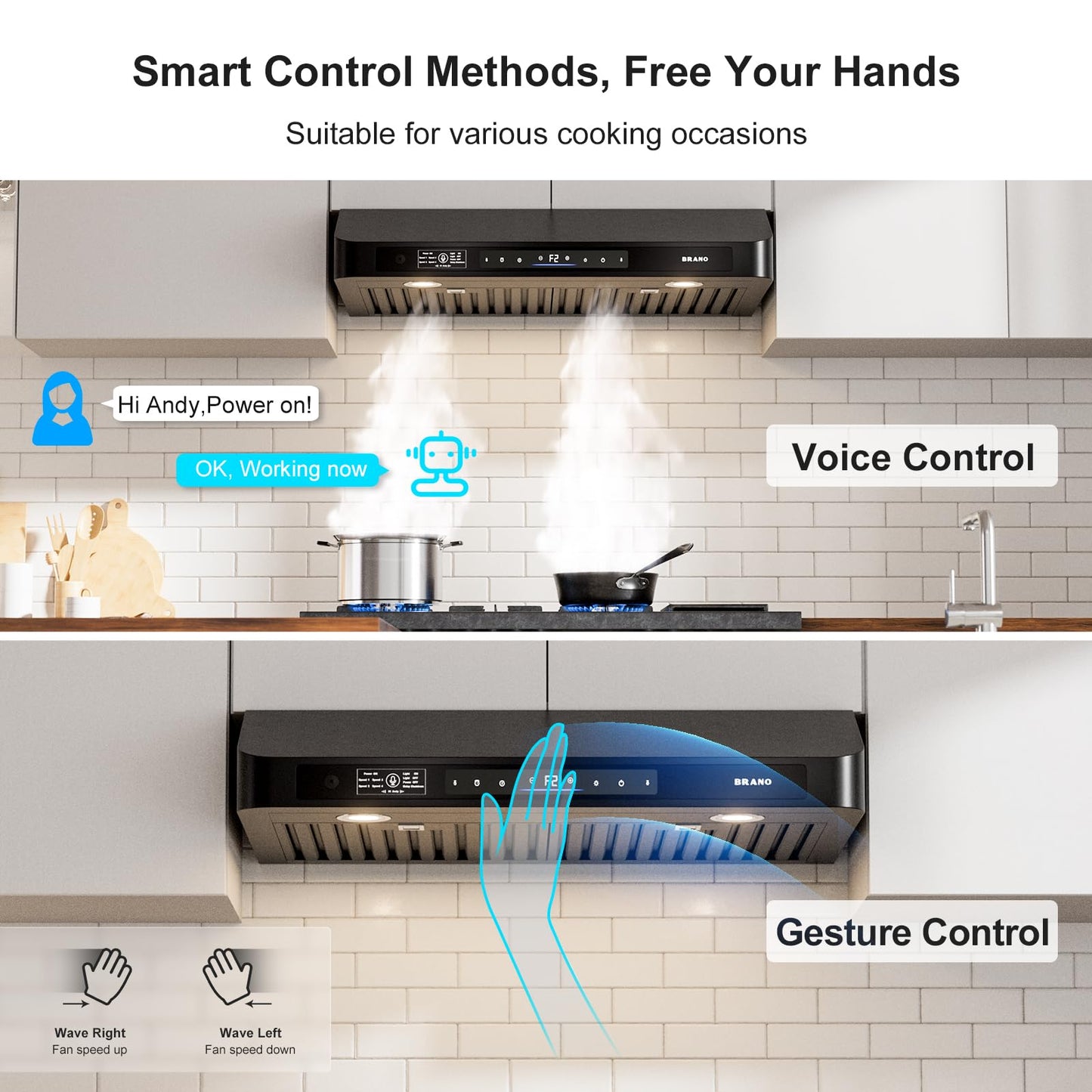 BRANO 30 Inch Under Cabinet Range Hood with Voice/Gesture/Touch Control, 900 CFM Kitchen Vent Hood with 4-Speed Exhaust Fan, Stainless Steel Stove Hood with LED Lights, Baffle Filters