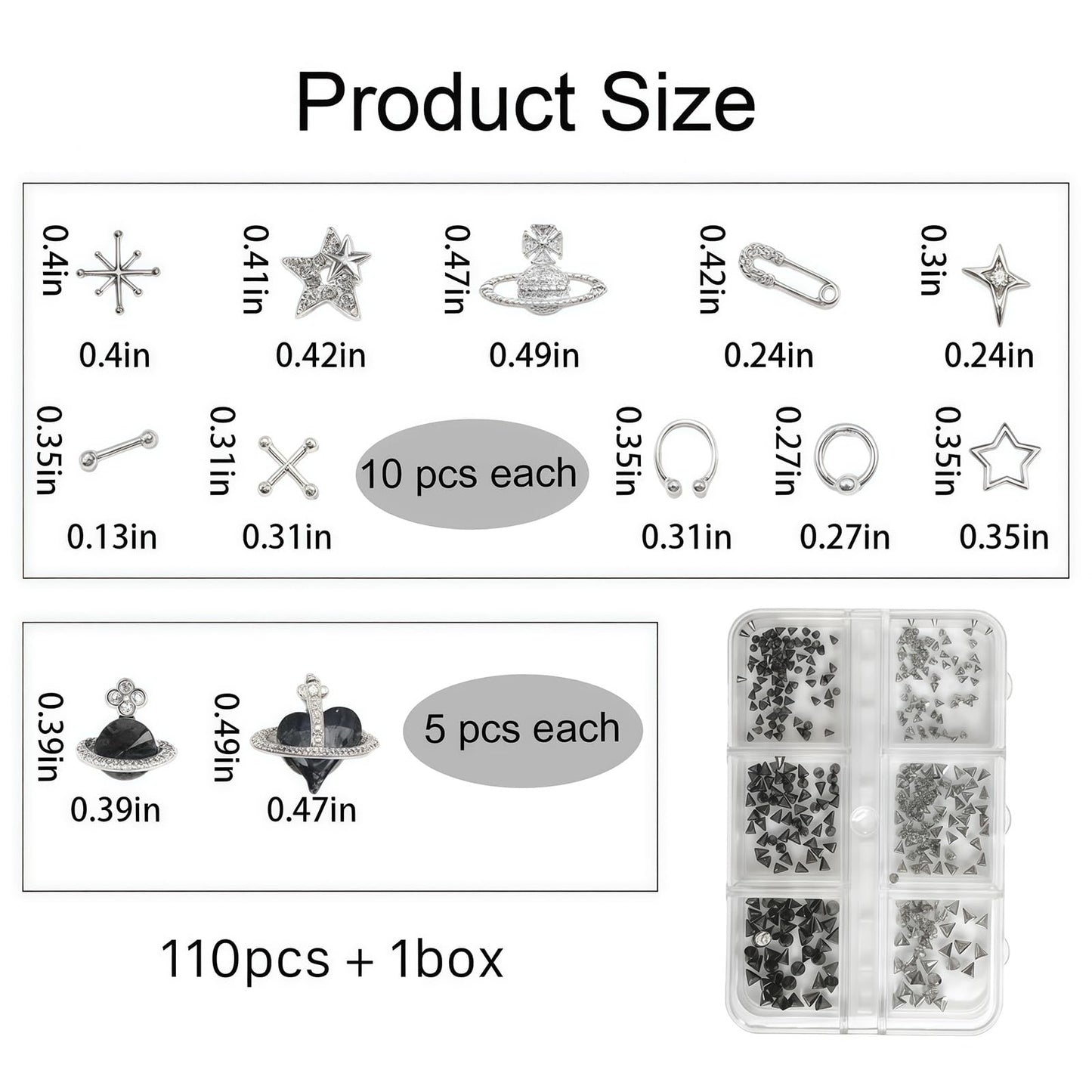 110 pcs Punk Nail Charms 3D Goth Jewelry Kit, Y2K Metal Planet Star Cross Spike Accessories, Alloy Rhinestones for Acrylic Gel Art Design (punk)