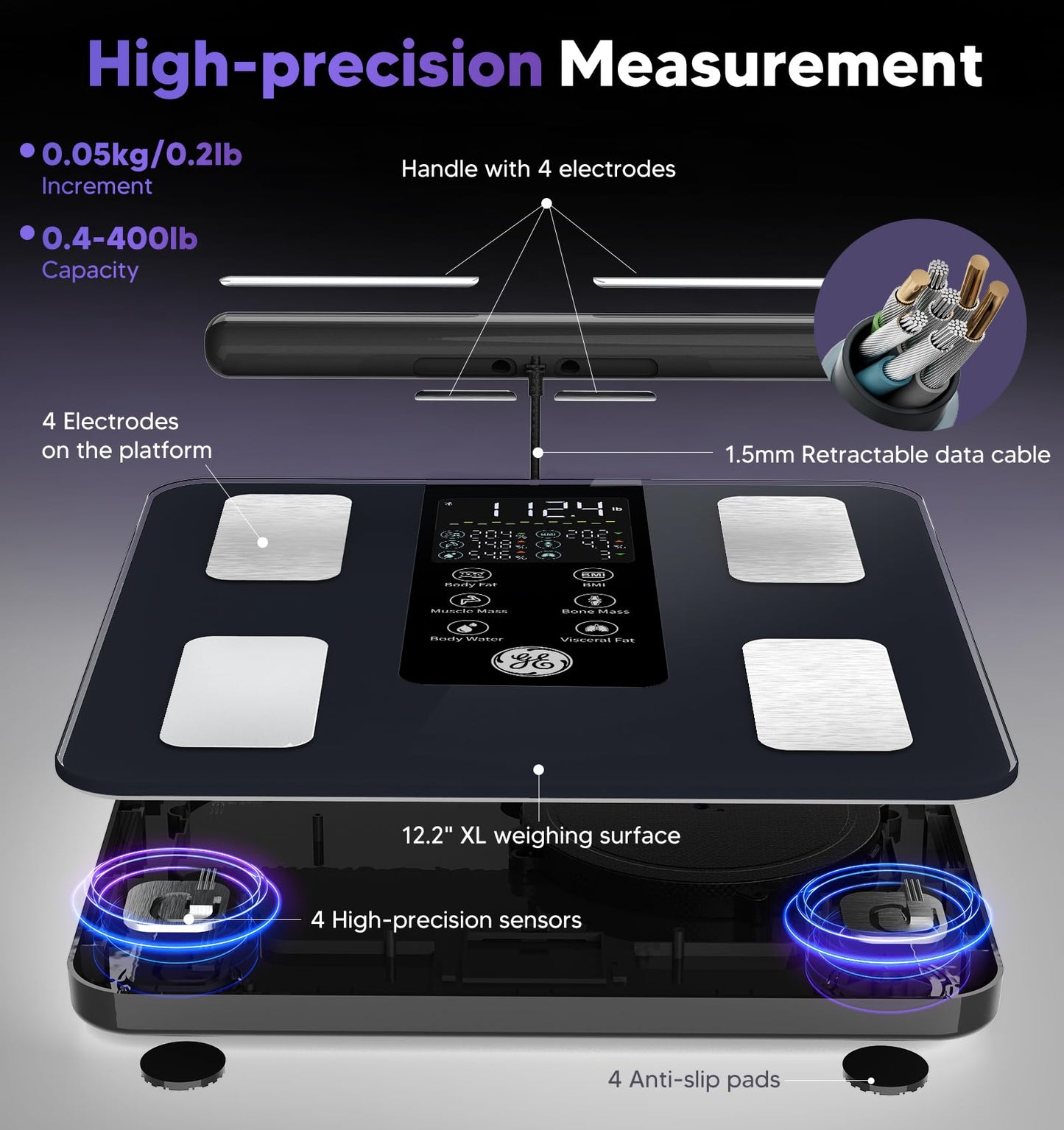GE Smart Scale for Body Weight: 8-Electrode Digital Bathroom Scale for Weight Fat BMI Muscle Mass Full Body Composition Analyzer 50 Measurements Bluetooth Highly Accurate Weighing Machine 400lb Black