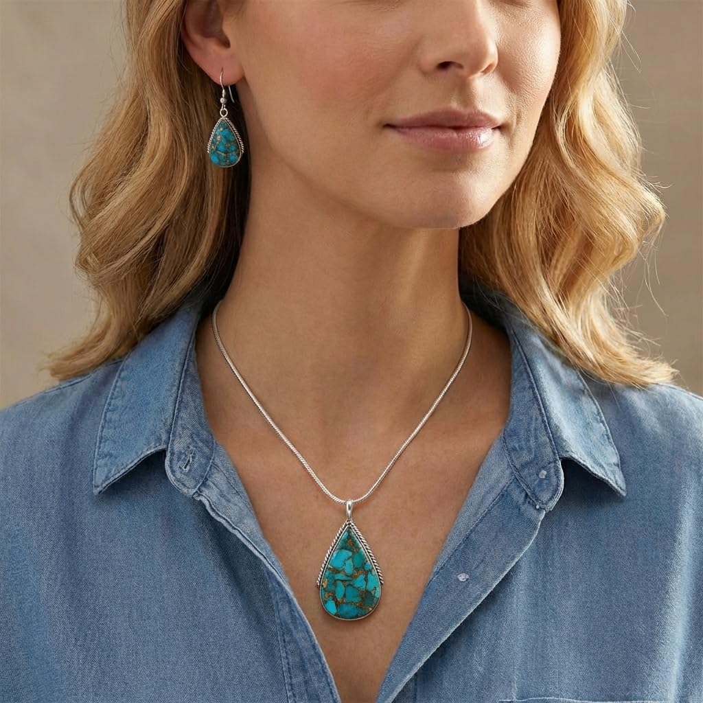 Turquoise Necklace Pendant & Earrings Set Genuine Gemstones 20" Necklace (Teal/Matrix Turquoise)