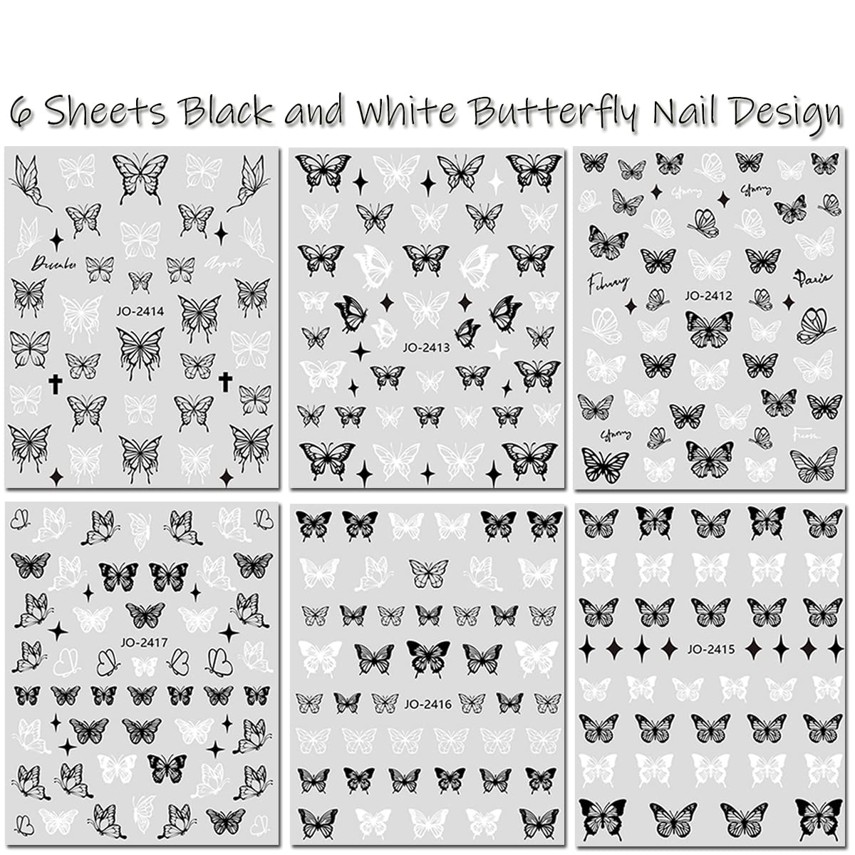 6 Sheets Butterfly Nail Art Stickers Decal 3D Self-Adhesive Nail Decals Holographic Black White Butterflies Star Nail Art Supplies Butterfly Designer Nail Stickers for Acrylic Nails Art Decorations