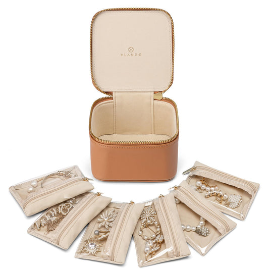 VLANDO Travel Jewelry Case,Valentines Gifts,Small Jewelry Box Organizer,Travel Jewelry Storage with 6 Velvet Jewelry Zipper Pockets, Birthday Gifts for Women Girls (Brown)