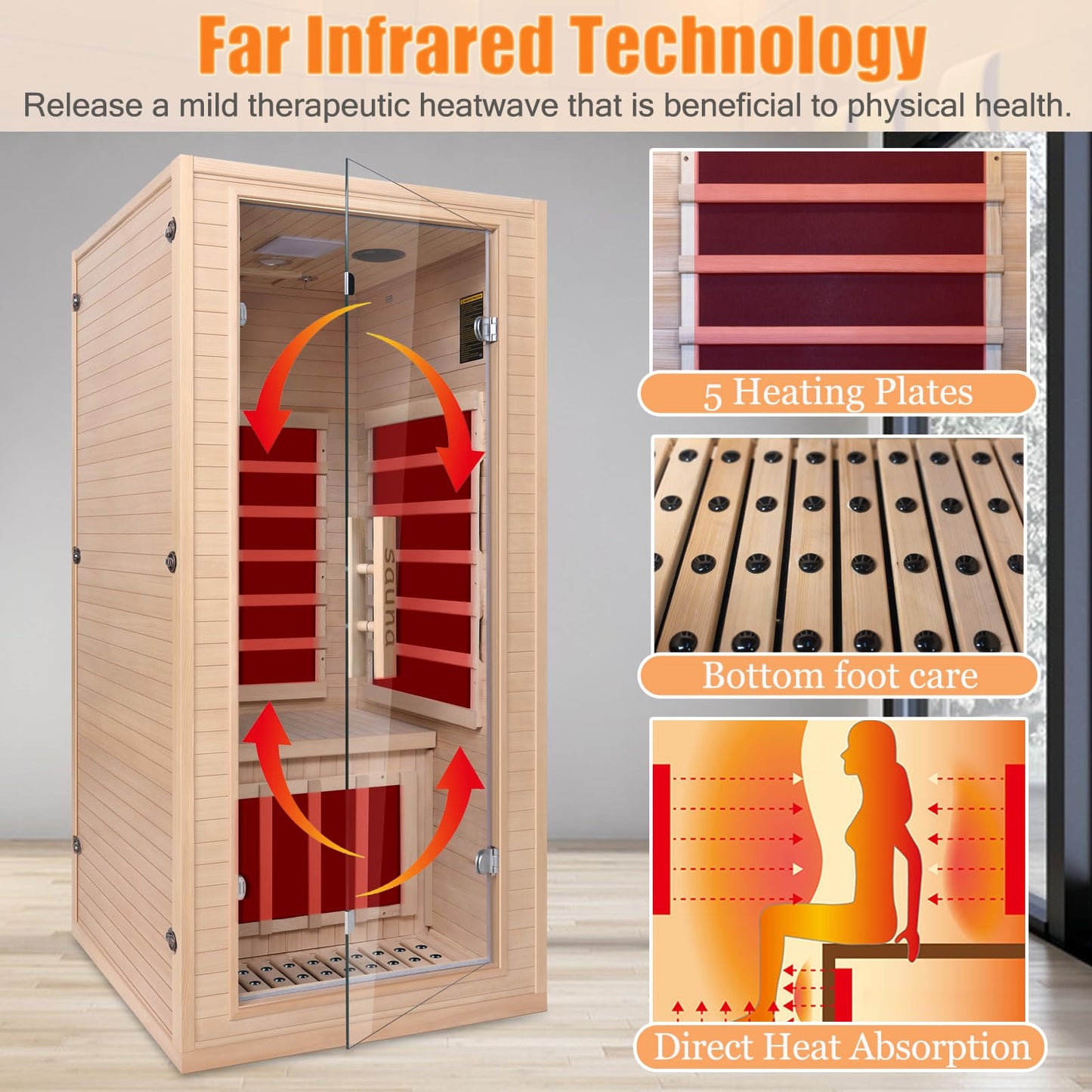 Homsido Infrared Home Sauna Room 1 Person Hemlock Wooden Indoor Dry Sauna，Low EMF 1200W/110V Heaters Panels,LCD Control Panel,10 Minutes Pre-Warm up,Time and Temp Pre-Set,1-Year Aftersale