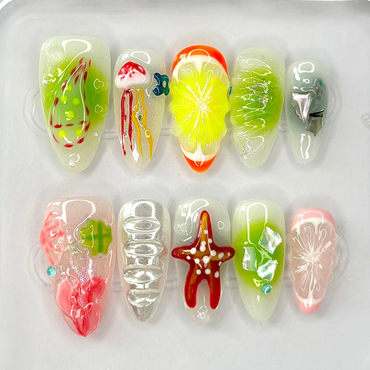Luxury Press on Nails Medium Almond Handmade 3D Unique Reusable ABS Material Fake Nails French Tip False Nails with Designs Fruit Starfish Art Glossy Glue on Nails Thick Acrylic Nails(M)