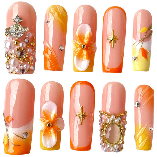Handmade Press On Nails Medium/Long Square – Orange & Yellow 3D Floral Design with Diamonds, Pearl Chains & Retro Accents | Reusable Acrylic False Nails Gift for Women & Girls (S size)
