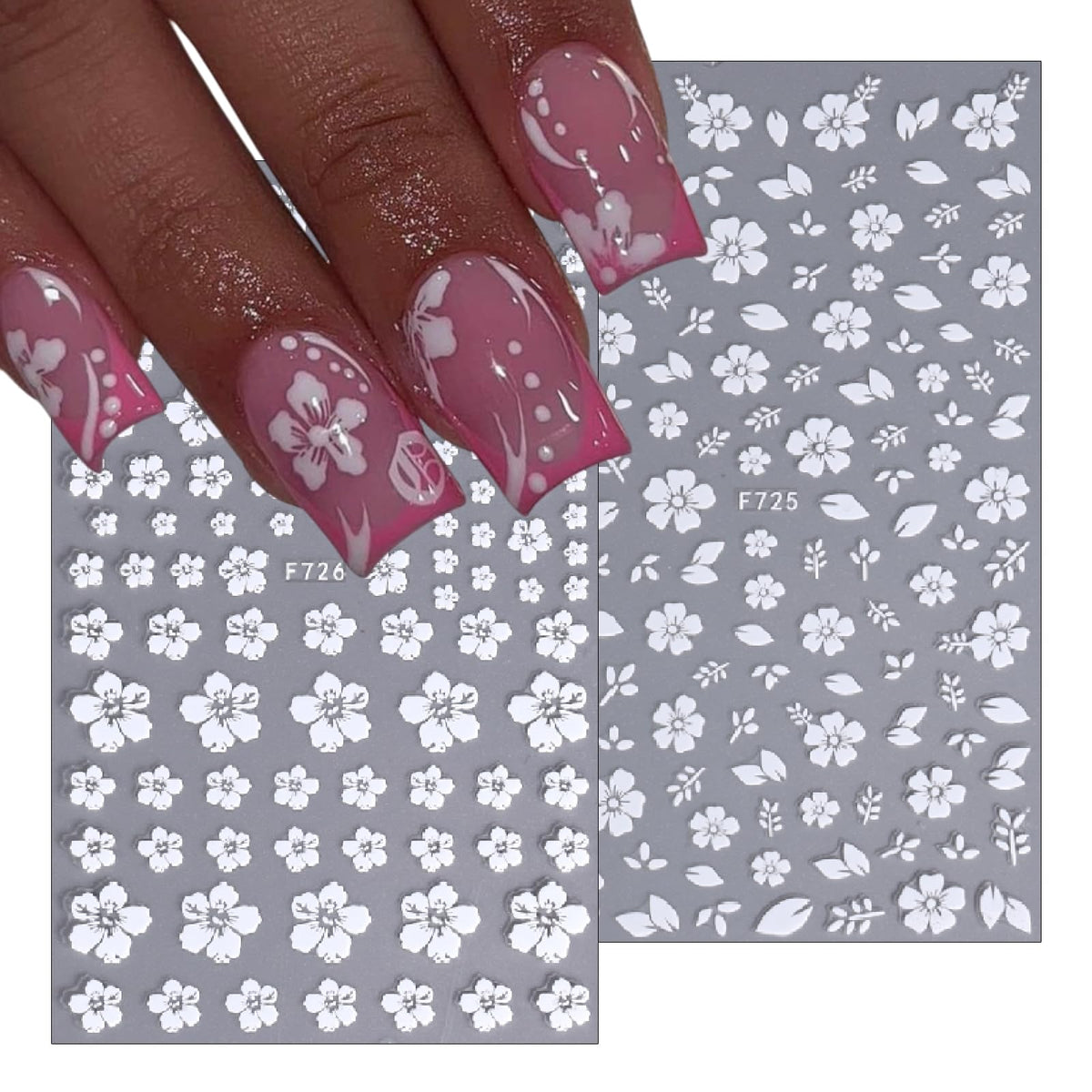 8 Sheets White Flower Nail Art Stickers Flower Daisy Nail Decals 3D Self-Adhesive White Cherry Blossom with 5 Petals Floral Lace Design Women's Nail Art Decoration Supplies