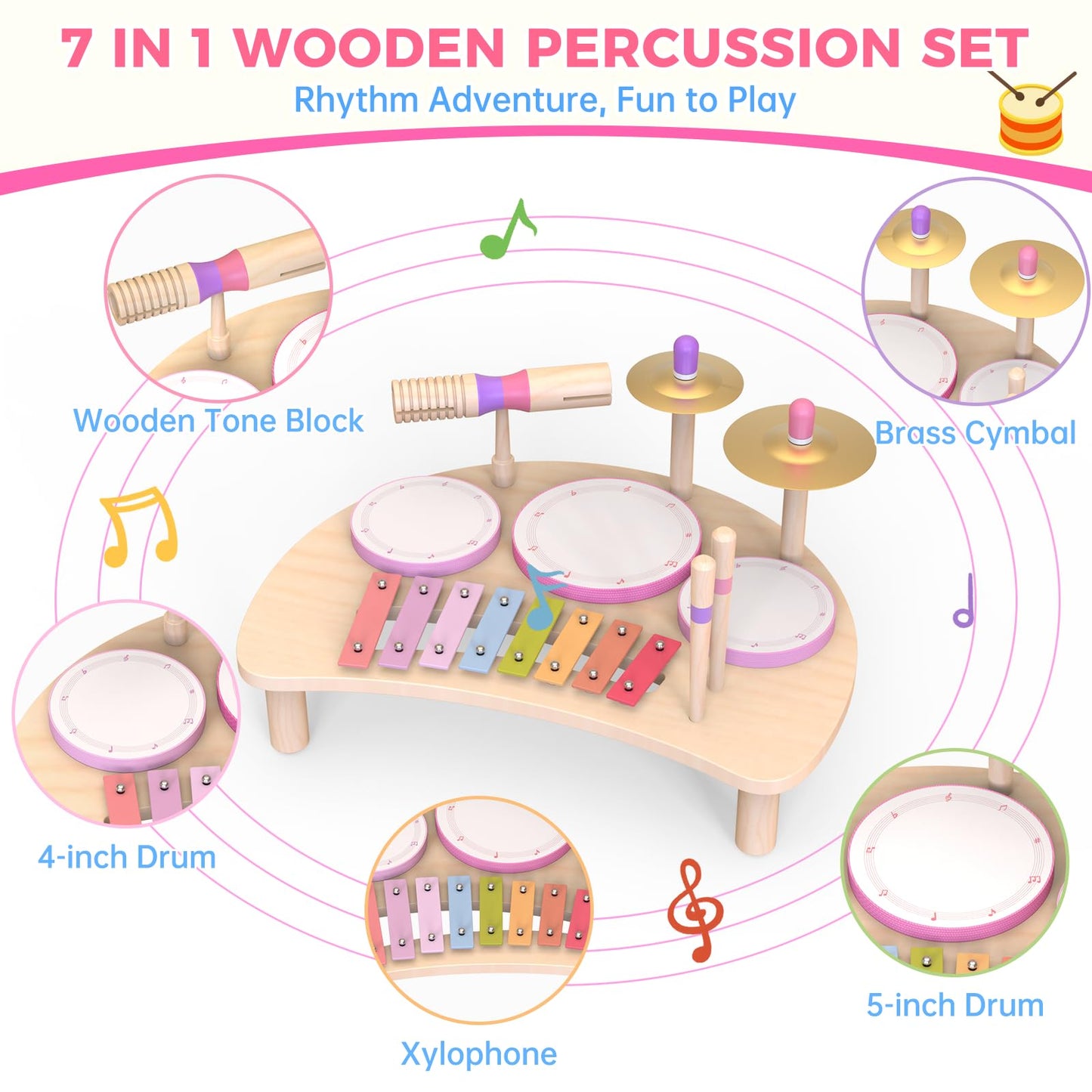 Toddlers Drum Set Toys for 1 2 3 Year Old Girls,Montessori Music Toy for Toddlers 1-3,Baby Drum with Xylophone,Musical Instruments Toy, Kids Birthday Gifts for Baby 18+ Months (Pink)