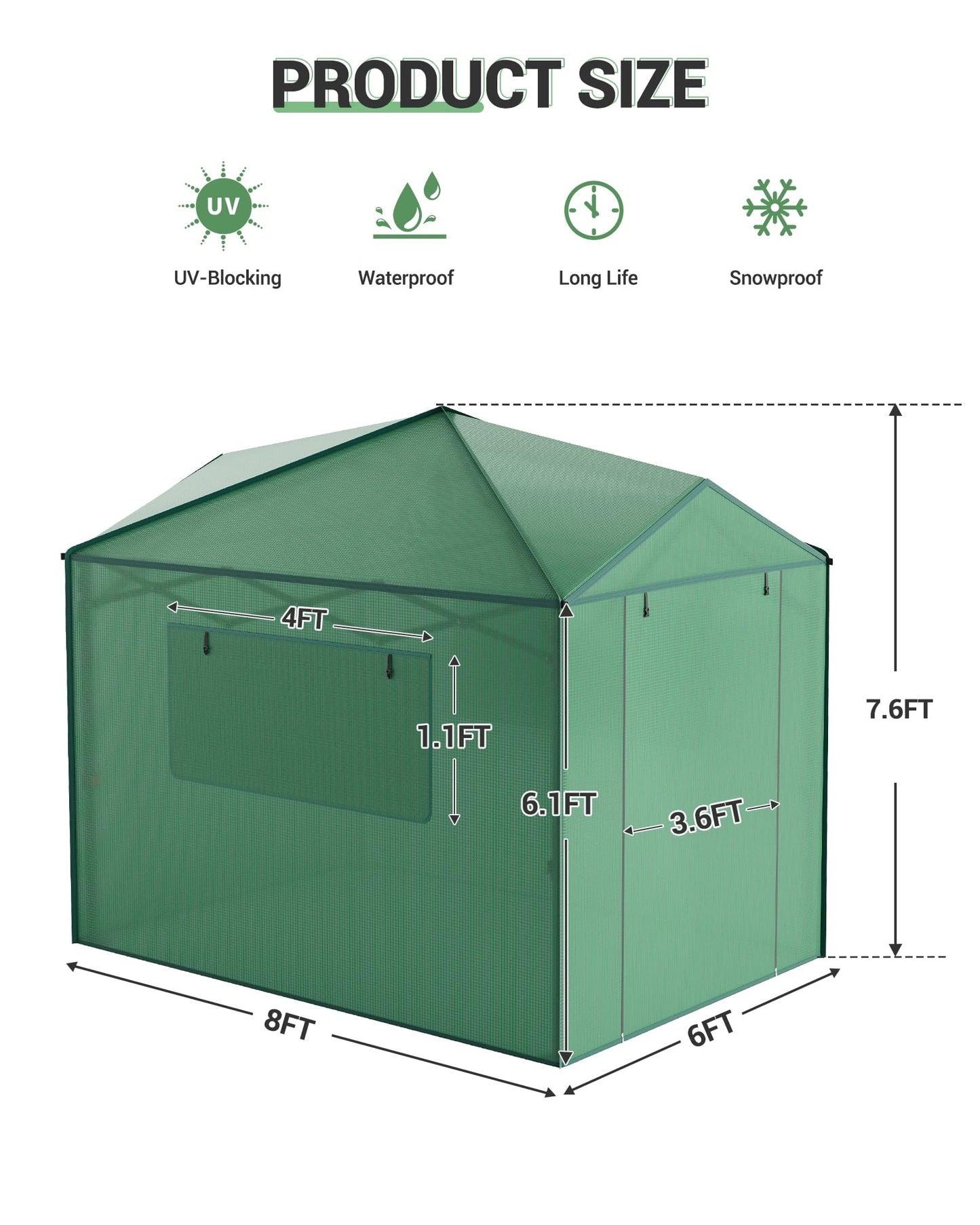8x6 FT Portable Pops-Up Greenhouse for Indoor/Outdoor Use, Durable PE Cover Walk-in Greenhouse Kit, Zippered Doors & Mesh Windows Tunnel Green Houses, Easy Setup Garden Grow Tent for Plants, Green