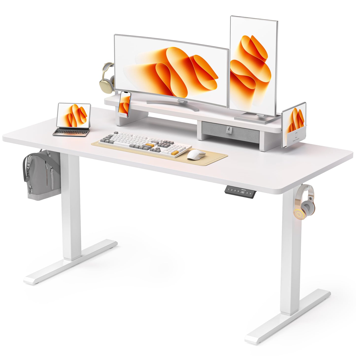 WALKINGDESK 55x24 Inches Electric Standing Desk with Drawer and Monitor Stand, Height Adjustable Stand up Desk for Home Office, Ergonomic Sit to Stand Table with Phone Holder, 3 Hooks, White