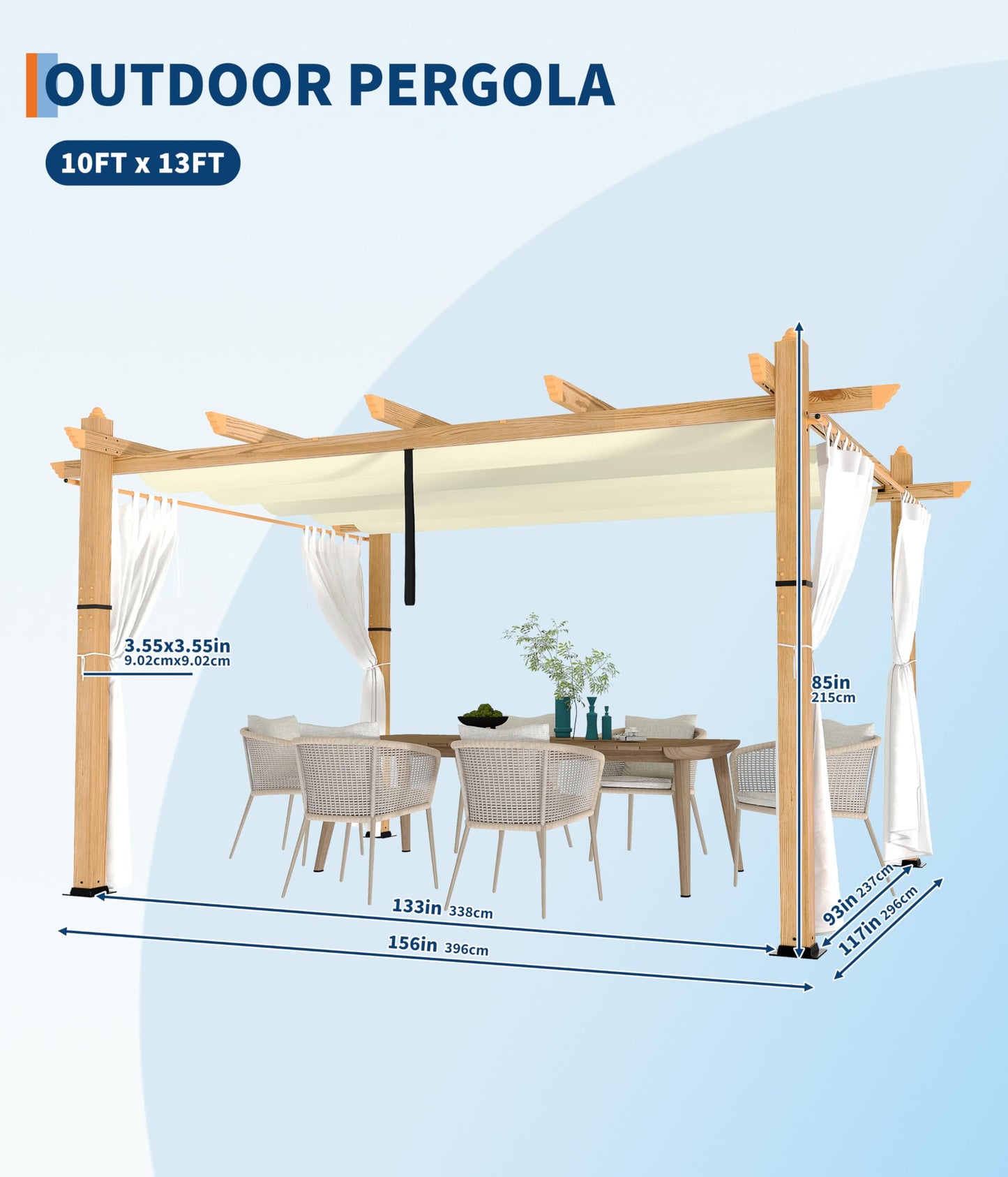 GAOMON 10x13 Ft Outdoor Aluminum Pergola, Heavy-Duty Woodgrain Patio Pergola with Retractable Canopy Sun Shade & Side Mesh Curtain, Metal Gazebo for Existing Deck Backyard Garden, Beige
