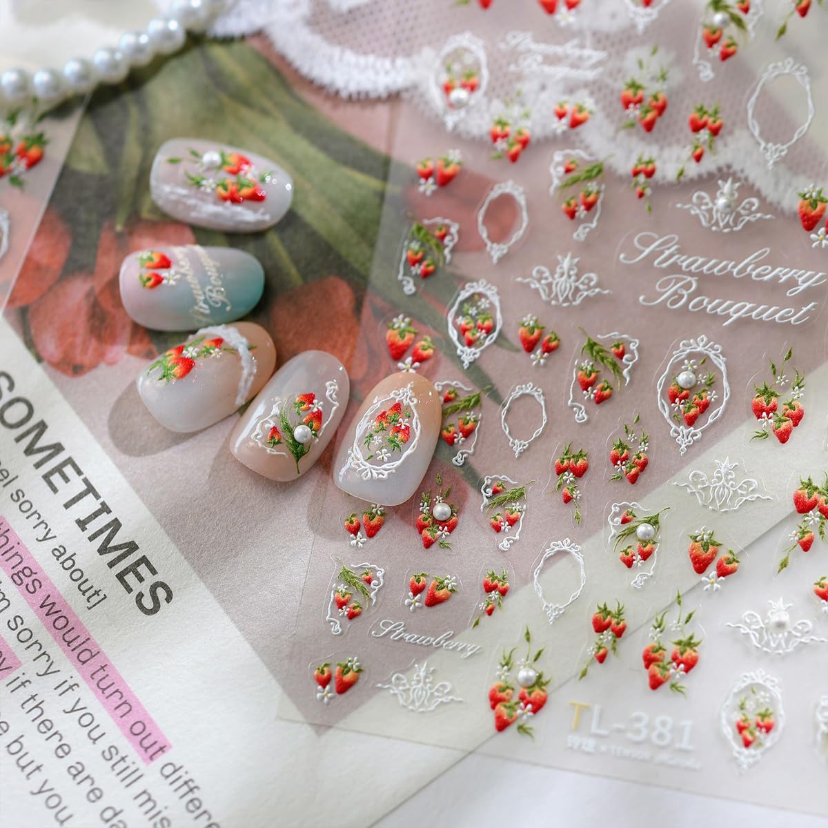 5D Embossed Nail Stickers Strawberry Nail Decals 3D Lace Frame Nail Art Stickers Cute Self-Adhesive Nail Stickers for Nail Art for Women Girls DIY Manicure, 1 Sheet