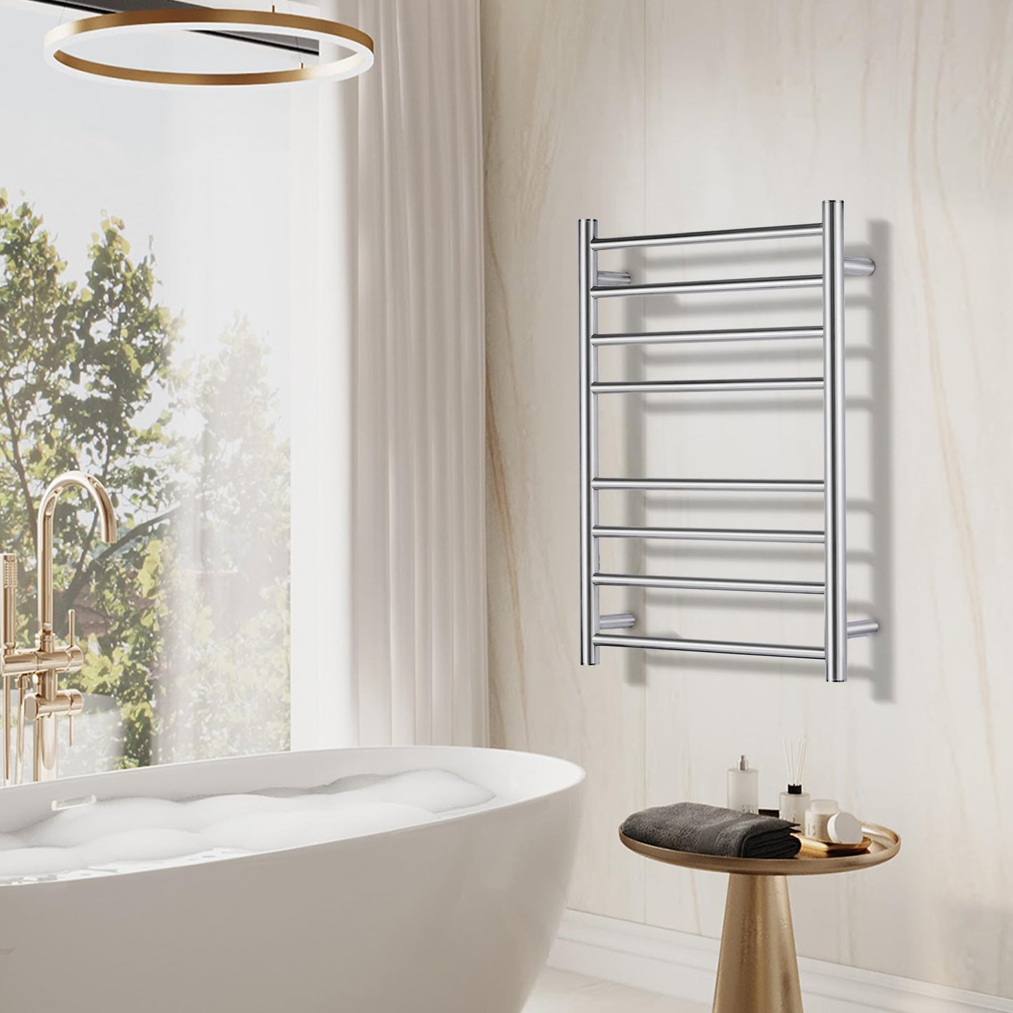 SHARNDY Towel Warmer Polished Chrome for Bathroom Wall Mounted Drying Rack Plug-in Electric Heated Towel Rack Stainless Steel Round 8 Bars Bath Towel Heater 27.56x19.69x4.41 inches