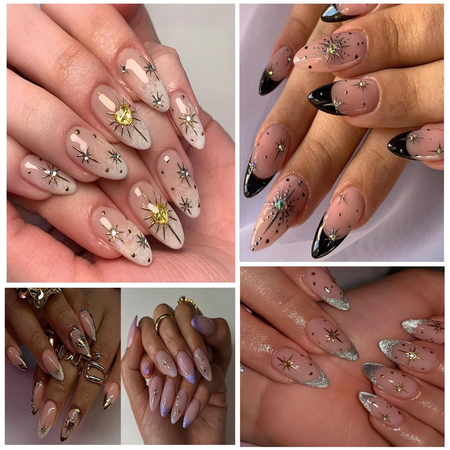 4 Sheets Gold Heart Star Nail Art Stickers 5D Relief Self -Adhesive Golden Stars with Love Heart Rhinestones Nail Decals Holographic Gold Nail Stickers Decoration for Women DIY Manicure Supplies