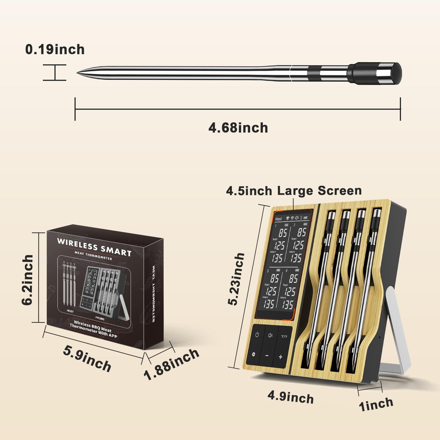 Smart Wireless Meat Thermometer with 4 Probes & 800ft Range, Bluetooth Grill Food Thermometer, Digital Backlit Screen, 0.5S Instant Read, NIST ±0.5℉ Accuracy for Kitchen BBQ, Oven, Smoker, Air Fryer