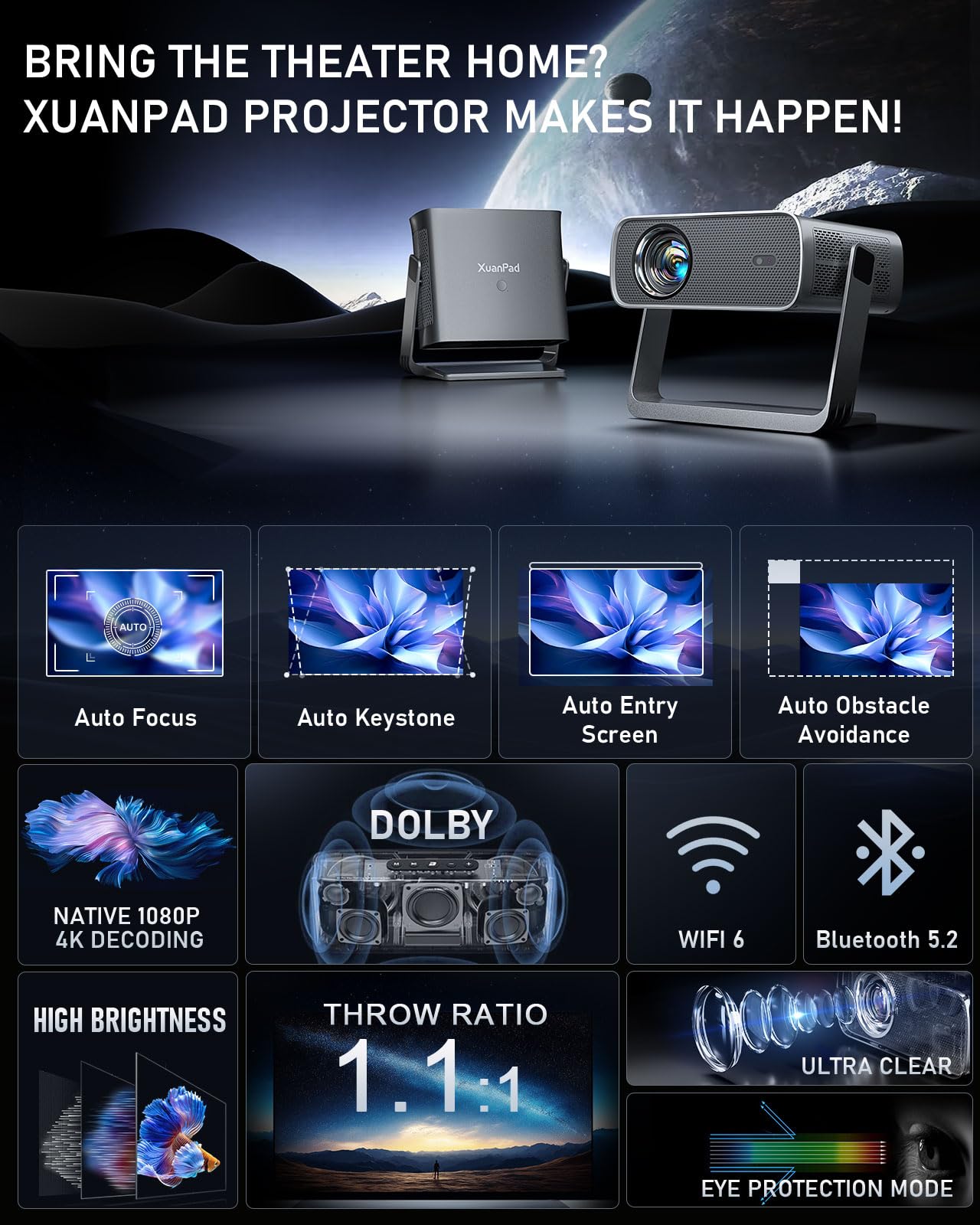 [Officially-Licensed App & Auto Focus]Grey Smart Standard Projector with WiFi and Bluetooth, XuanPad 4K Support Movie Projector, Portable Native 1080P Outdoor Projector with 360° Stand