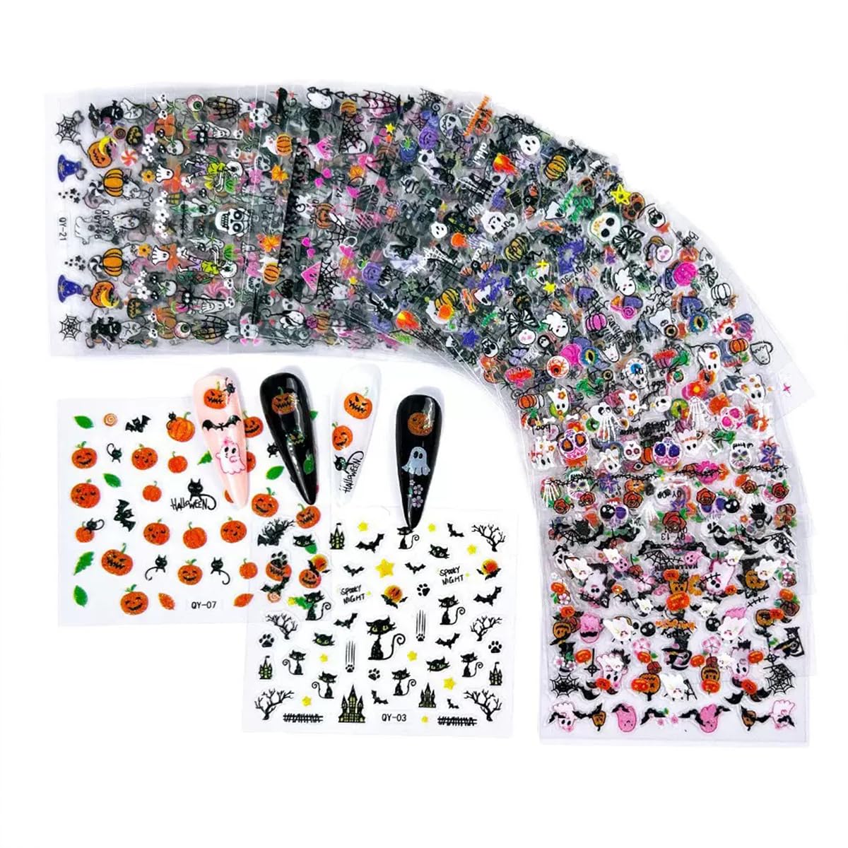 30 Sheets Halloween Nail Art Stickers Cute Ghost Pumpkin 3D Self-Adhesive Nail Decals Bat Cat Skull Designs Nail Decorations Halloween DIY Manicure Supplies for Women Girls&Kids