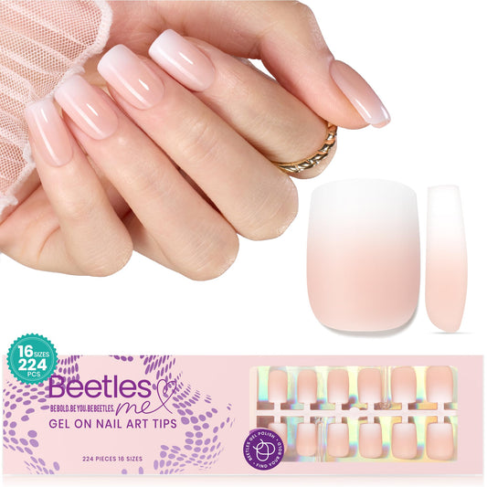 Beetles Ombre Short Square Press on Nails, 224Pcs Peach Square Ombre Press On Nails, 16 Sizes Reusable Fake Nails No Need to File Easy False Nail Tips for Nail Extension DIY Nails Gift for Women