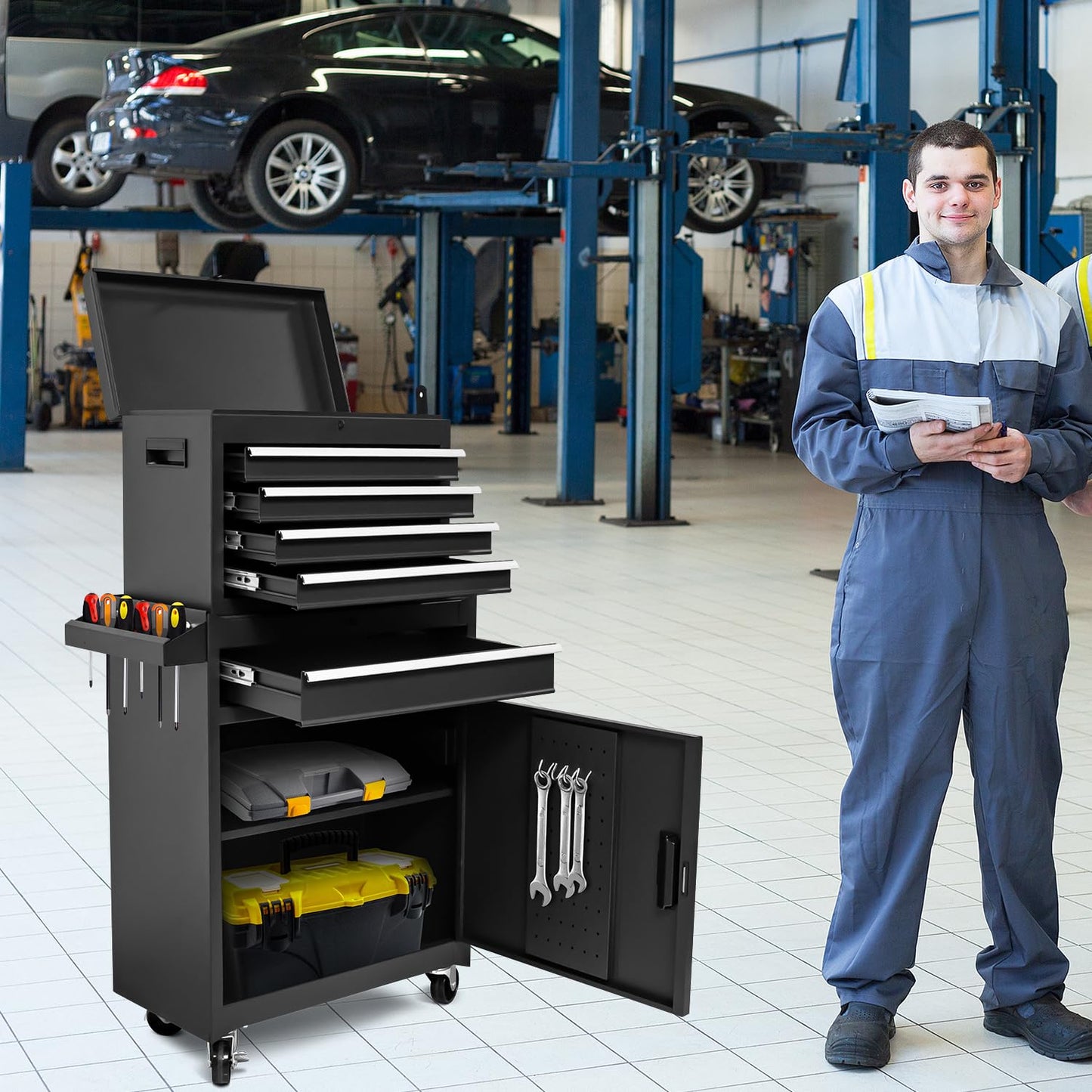 HPDMC 5-Drawer Rolling Tool Chest, High Capacity, Adjustable Shelf, Lockable Drawers, Detachable 2 in 1 Mechanic Tool Box Storage Cabinet with Wheels for Garage Workshop Warehouse Repair Shop