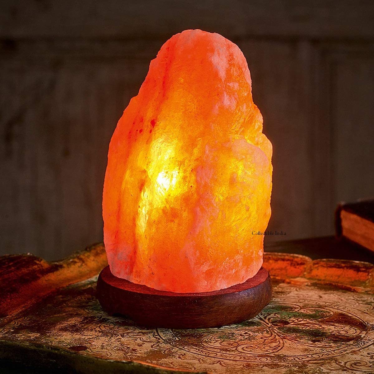 Kirit Gemstones Himalayan Rock Salt Lamp with Wooden Base Crystal Himalayan Salt Lamp Original for Positive Energy Household Bedroom Hall Table