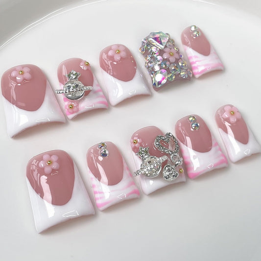 Luxury Press on Nails Short Duck Handmade 3D Unique Reusable ABS Material Fake Nails White French Tip False Nails with Designs Pink Flower Rhinestones Glossy Glue on Nail Thick Acrylic Nail(M)