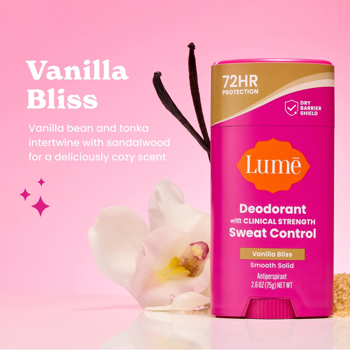 Lume Deodorant Plus Sweat Control - Smooth Solid Stick - Maximum Strength Antiperspirant - 72 Hour Odor And Sweat Control - Baking Soda Free, Skin Loving - 2.6 ounce (Vanilla Bliss) Pack of 2