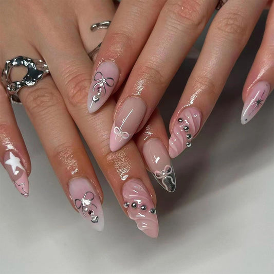 SINHOT Y2K Press on Nails Medium Almond Fake Nails with Glue Pink False Nails Stiletto 3D Design Bowknot Ballerina Acrylic Nail 24pcs