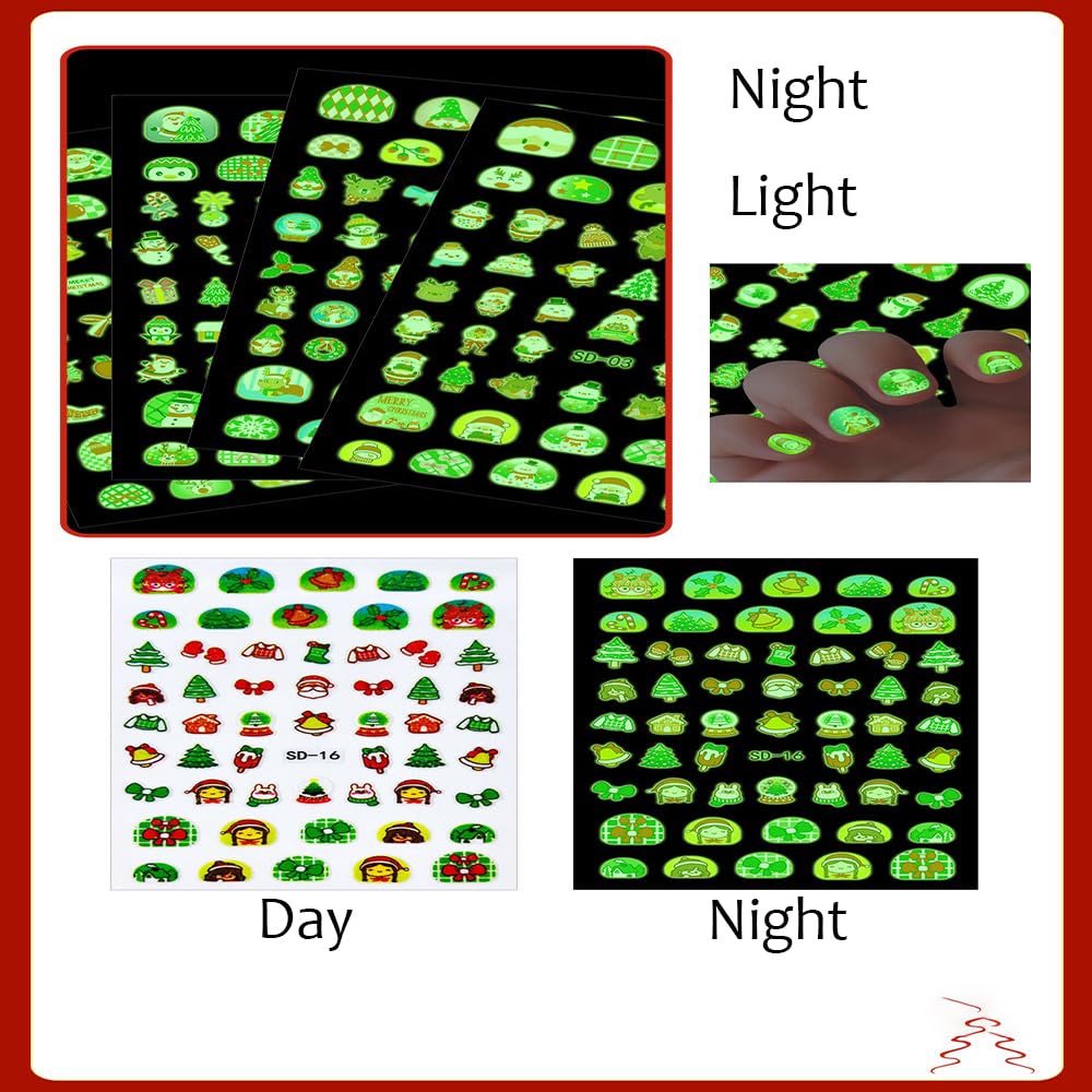 Christmas Nail Stickers Glow in The Dark Nail Art Stickers 3D Self Adhesive Cute Cartoon Christmas Tree Nail Art Supplies Snowman Snowflake Bow Nail Design Winter Xmas Nail Decals for Women 16 Sheets