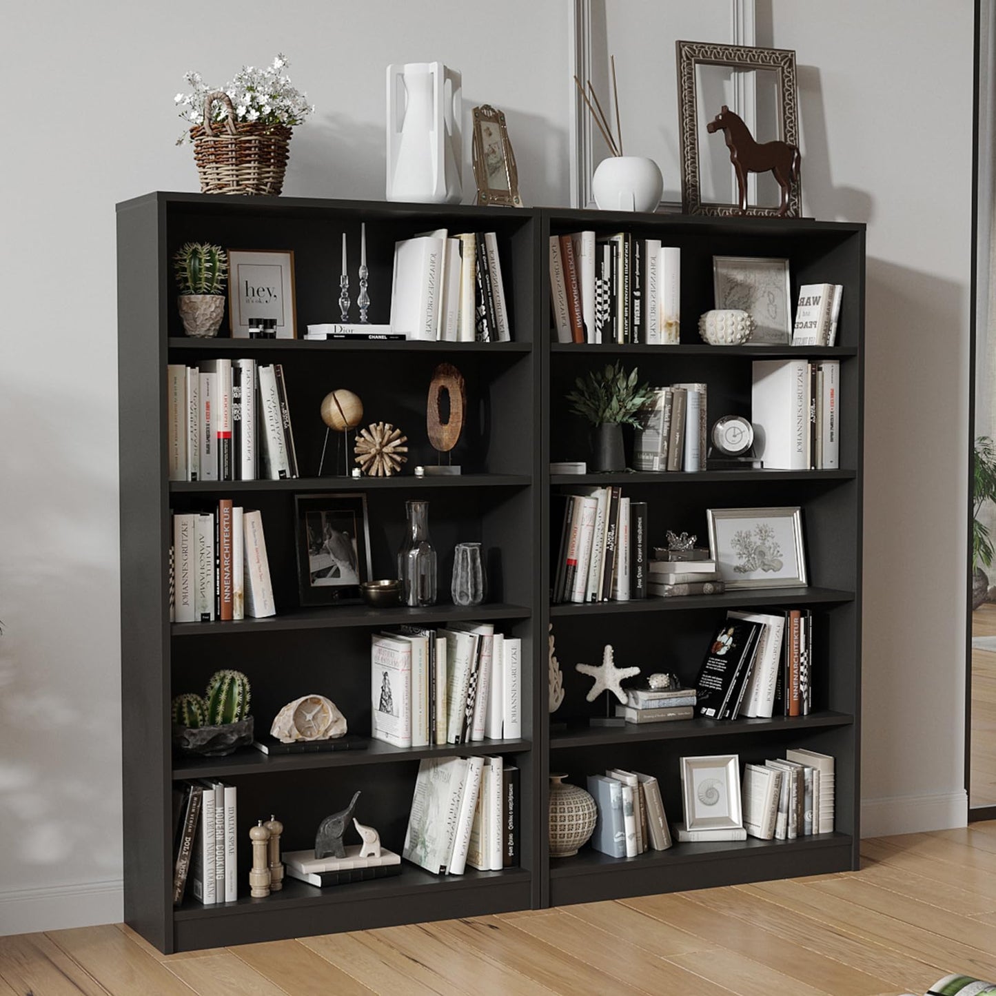 i-VTIES 5-Tier Bookshelf,60inch Tall Bookcase with Adjustable Shelves,Modern Display Book Shelf,Wood Storage Shelves for Bedroom, Office, Living Room & Library（Black）
