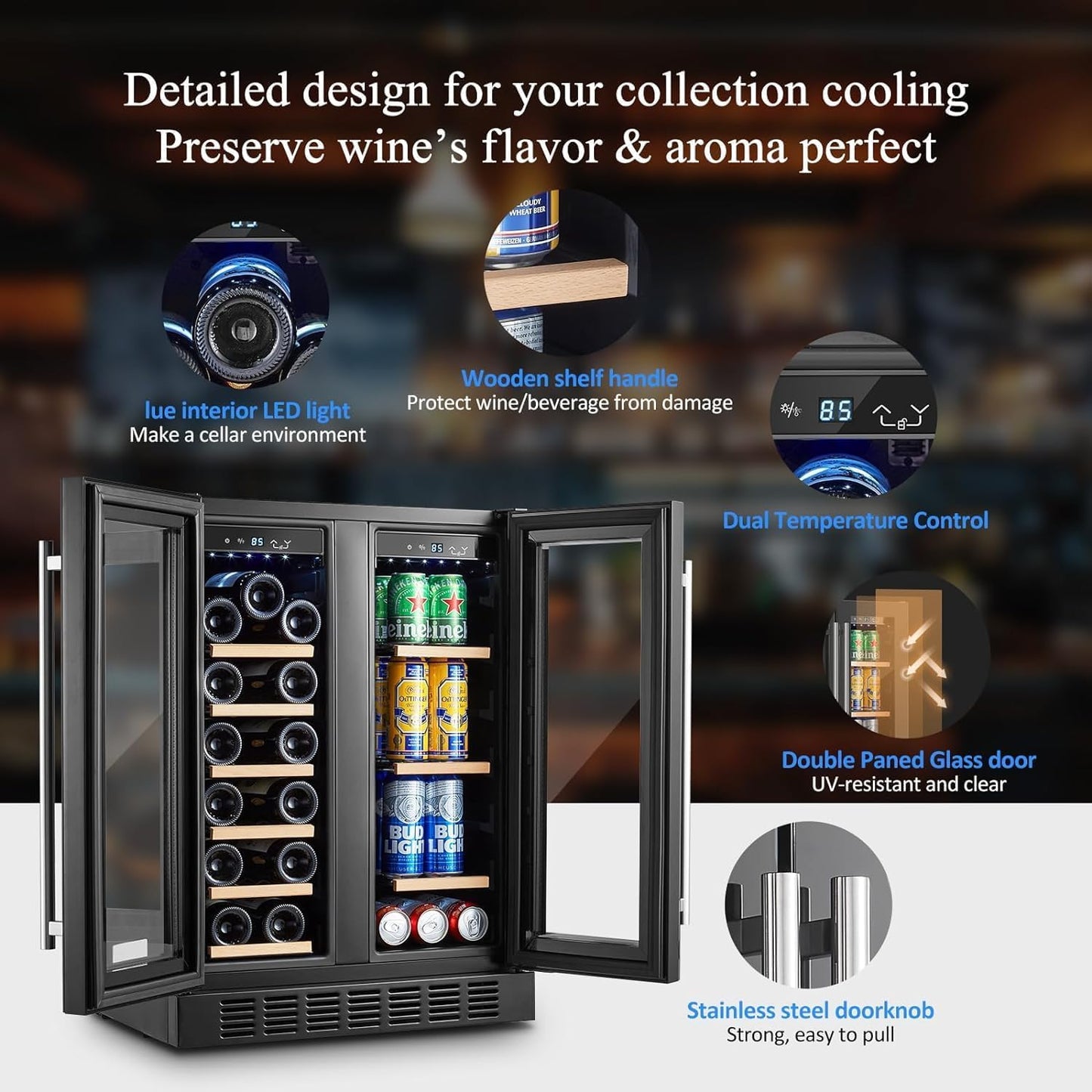 BODEGA 24 Inch Wine and Beverage Refrigerator Free Standing. Dual Zone Stainless Steel Wine Fridge under Counter, Drink Cooler for Beer, Soda, Champagne, Holds 41 Cans and 17 Bottles, Black