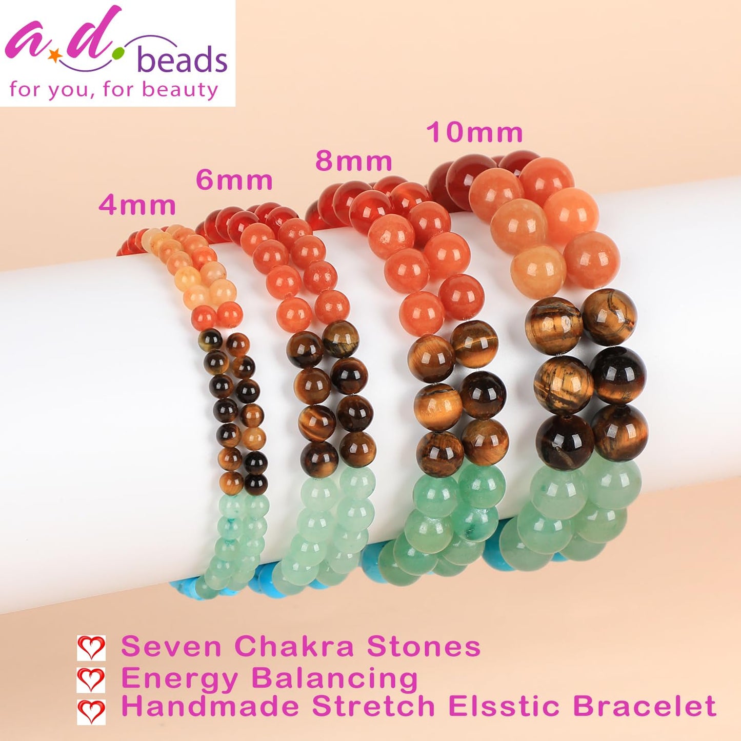 AD Beads Handmade Gemstone Stretch Elastic Bracelet Crystal Healing Reiki Nature's Beauty and Spiritual Essence Unisex (4mm, Seven Chakra Stones (Energy Balancing))
