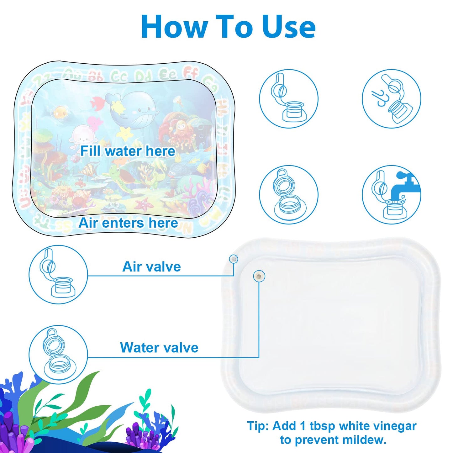 GARNHLOB Baby Water Mat Large 37.4"x29.9", Safe Inflatable Tummy Time Water Play Mat for Infants & Toddlers with Climate Pledge Friendly, Newborn Sensory Water Pad for Christmas Gift (Blue)