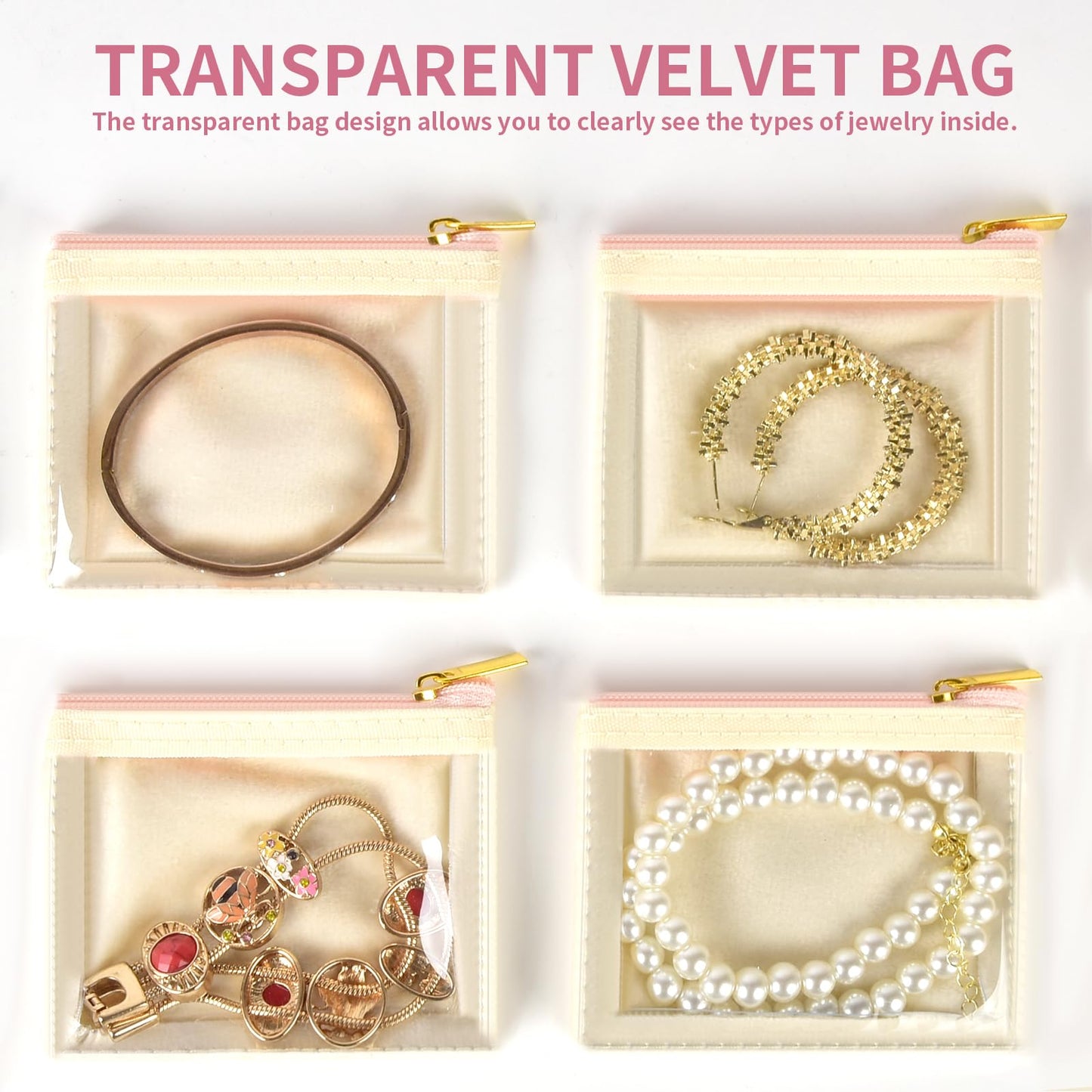 GWCASE Travel Jewelry Case with 8 Clear Tangle-Free Velvet Pouches, Large Capacity Jewelry Organizer Bag with Extra Space for Ring Box Watch, Waterproof PU Leather Pink Box for Women, Long Trips