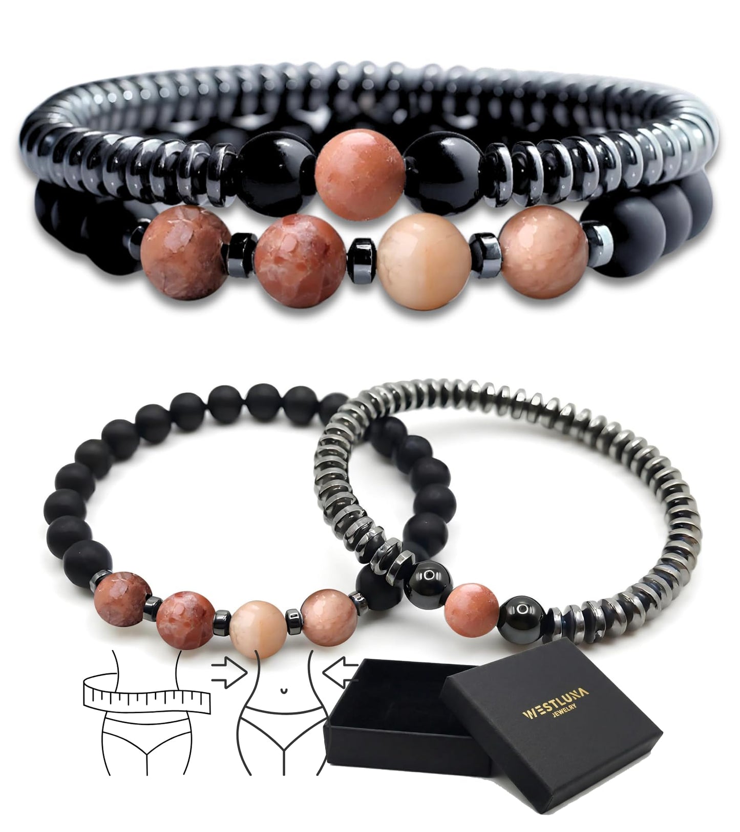 WestLuna Magnetic Hematite Bracelets for Women Men, Adjustable Pink Aventurine Black Obsidian Natural Stone Magnet Beaded Bracelets, Slimming Crystal Chakra Energy Bracelet Gift (Pink Aventurine, Small)