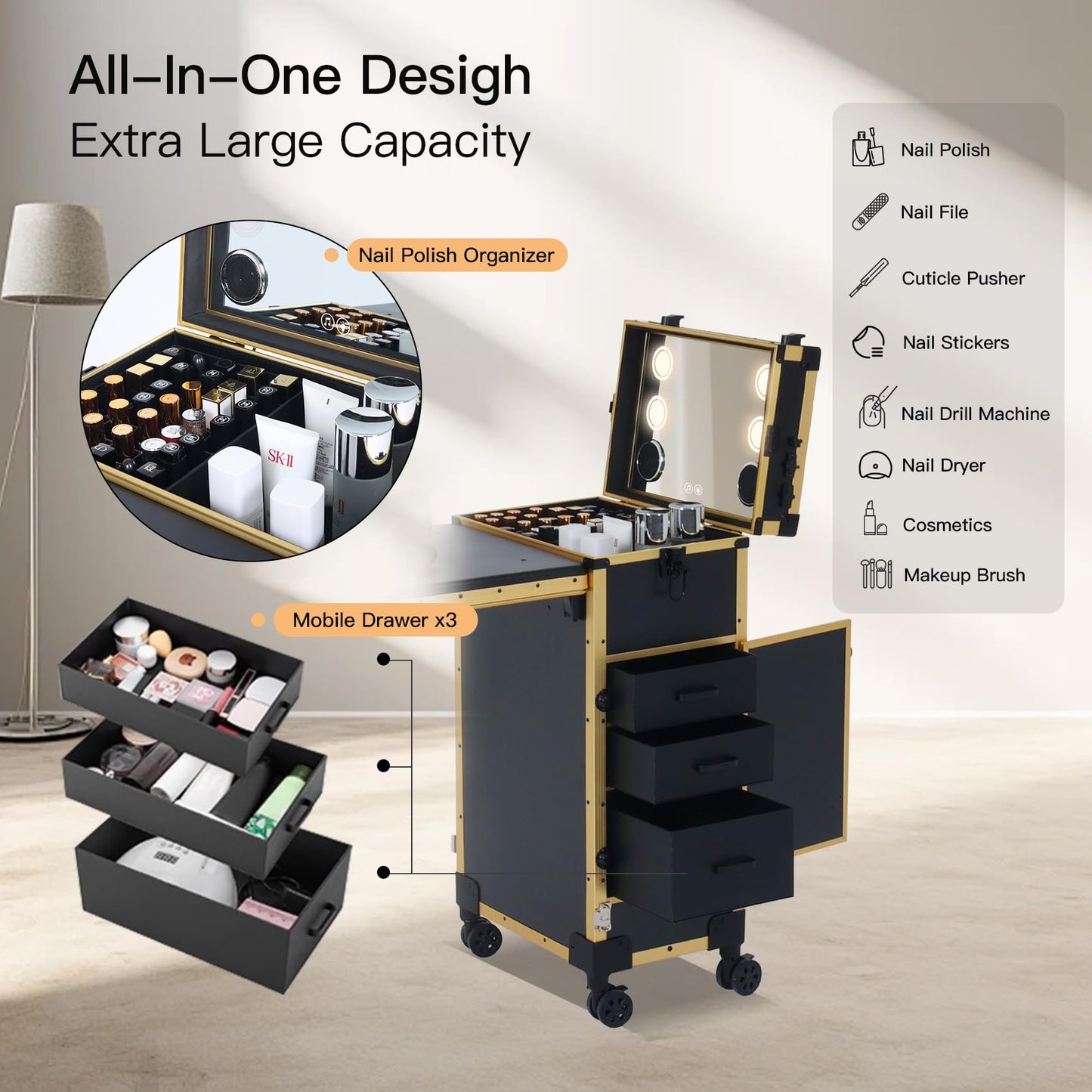 Rolling Portable Manicure Table with 3 Drawers, Lockable Makeup Train Case with Mirror & Nail Polish Organizer, Foldable Nail Desk with Wheels & Handle for Mobile Nail Techs & Salon Use, Gloden
