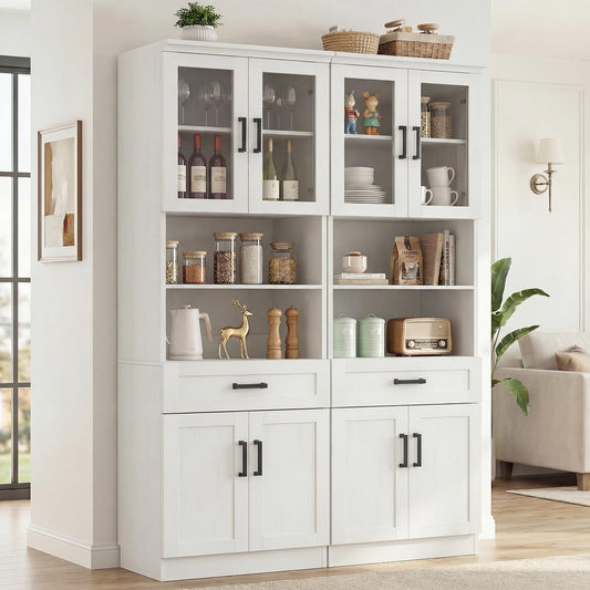 Unikito 79.7" Tall Kitchen Pantry Storage Cabinet, Freestanding Kitchen Hutch Cabinet with Glass Door, Adjustable Shelves and Drawer, Display Bookcase for Living Room, Dining Room, Bathroom, Black