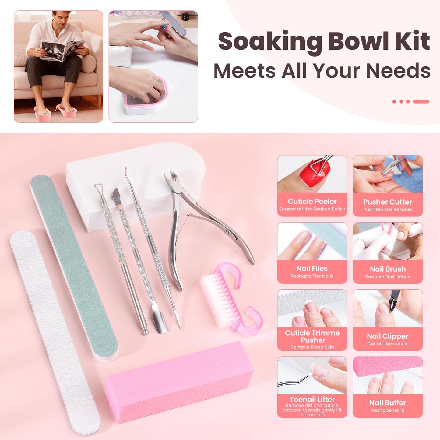 Hand Toe Nail Soaking Bowl: 12PCS Large Size Hand & Foot Nail Soak Off Bowl for Nail Lovers - Acetone Proof Toe Soaking Tray with Manciure Pedicure Tools for Dip Powder Gel Polish Remover (Pink,Pink)