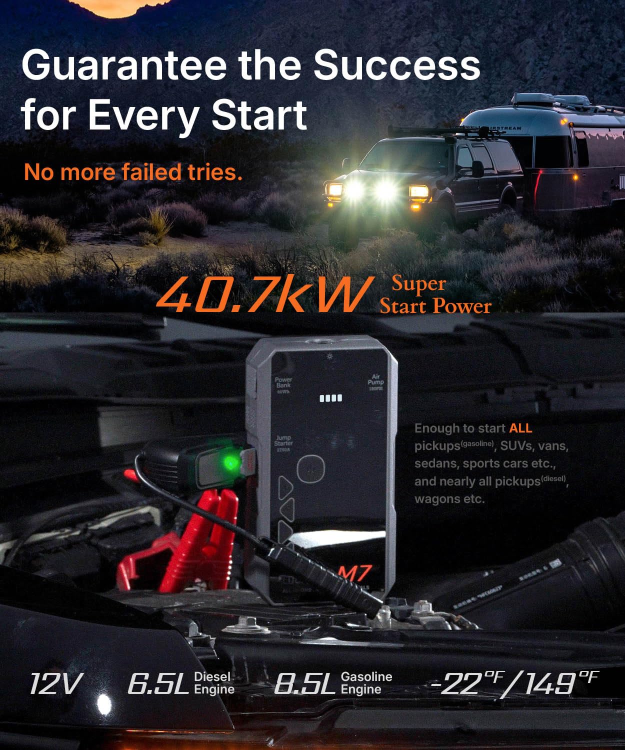 LUCKFIRE M7 SmartIgnition Jump Starter with Air Compressor, TÜV Certified 12V Car Battery Booster Pack, Portable Tire Inflator, Jump Box, 60Wh Power Bank, for 10L Gas and 8.5L Diesel