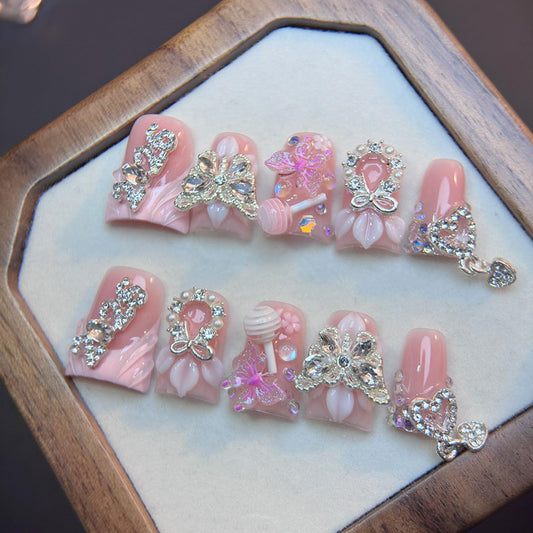 Duck Press on Nails Handmade Acrylic Nails Press Ons 3D Luxury Rhinestone Butterfly Designs Muti-Layer Gel Medium False Nails Full Cover Thicken Stick on Nails for Women Nail Art DIY 10 Pcs（M)