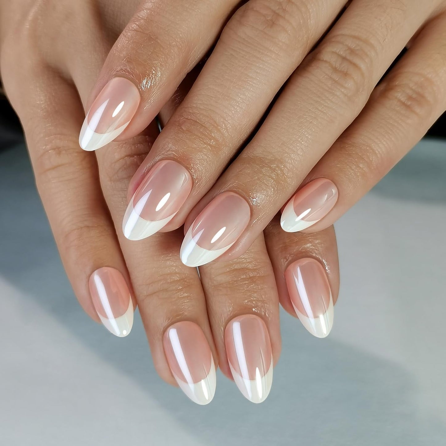 32 Pcs White French Tip Press on Nails Chrome Fake Nails with Designs Salon Quality Thickened False Nail Muti-Layer Gel Medium Almond Acrylic Nail Full Cover Stick on Nails for Women Manicure Decor