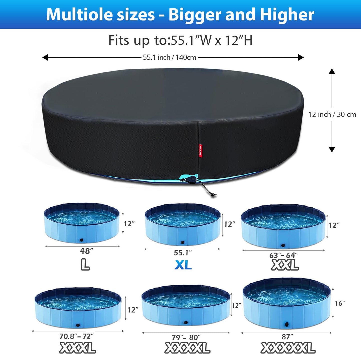 QH.HOME 55.1 inch Kiddie Pool Cover Round, Collapsible Dog Pool Cover with Super Windproof Ratchet Design, Odorless Waterproof Fabric Material and - Only Cover