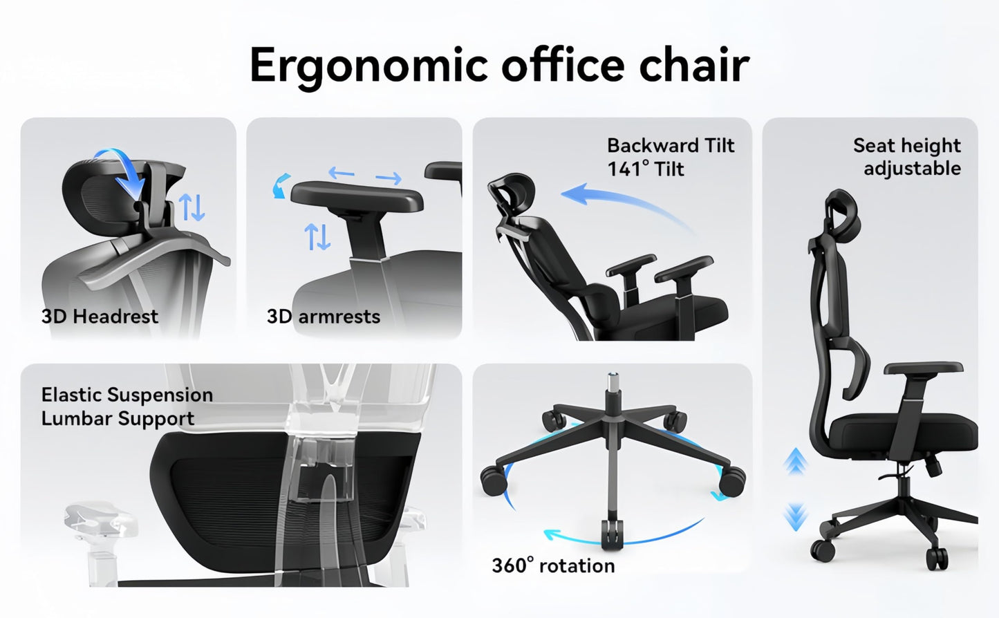 BIKIGIRL Ergonomic Office Chair Mesh High Back Computer Desk Chair with Lumbar Support, Adjustable Headrest, 3D Armrests, Tilt Lock for Home Office & Gaming