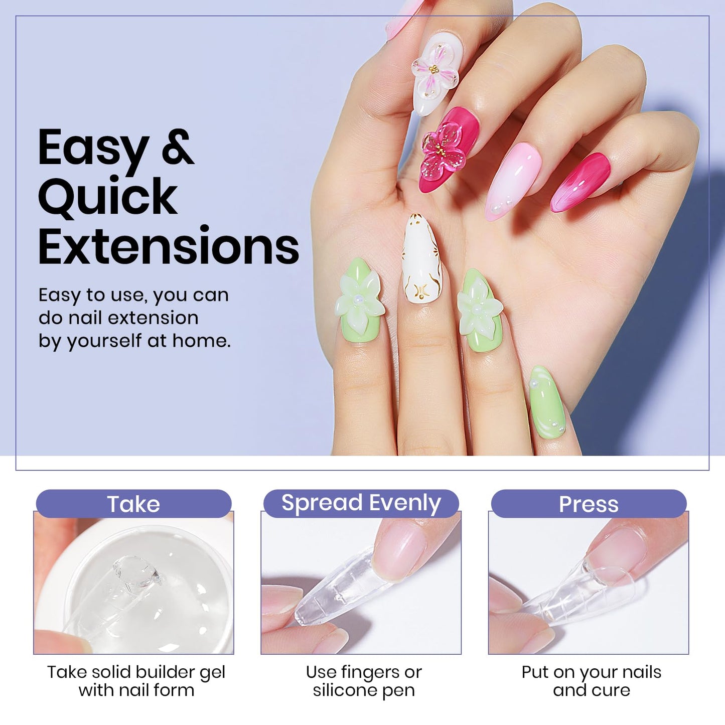 MIZHSE Solid Builder Gel Nail Kit with Nail Lamp, 3 Colors Builder Gel Clear Milky White Nude Hard Sculpting 3D Art U V LED Gels with Dual Form