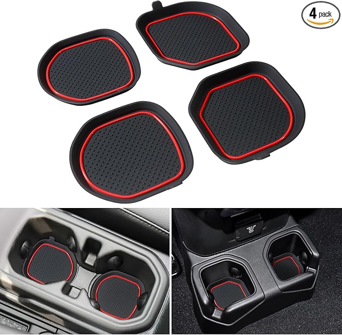 Cup Holder Coaster for Wrangler JL JLU 2018-2025 2026 Wrangler Accessories Gladiator JT 2020-2026 Silicone Cup Inserts Interior Mats Pad (Red Trim, 4-pcs Set, for Deep Rear Cup Holders)