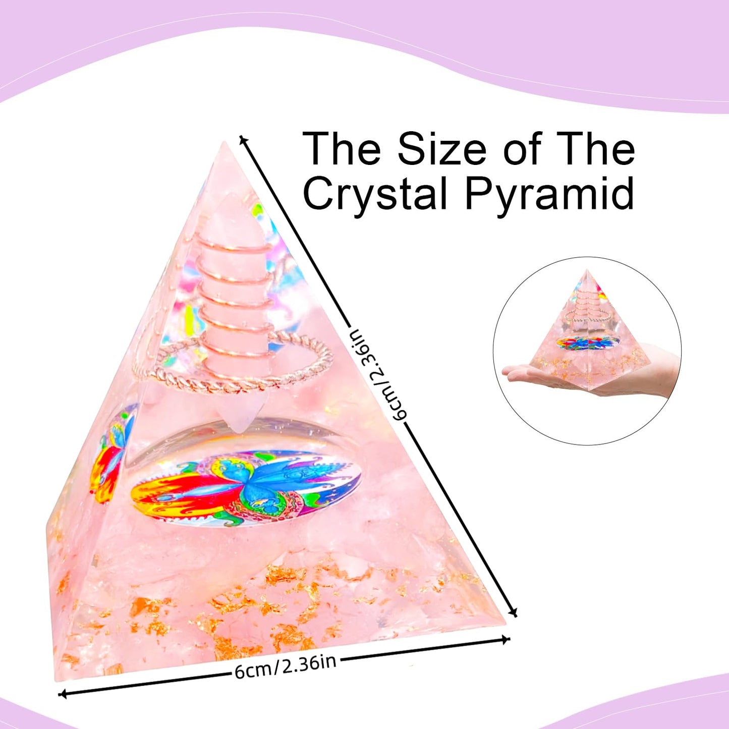 Saefheled Crystal Column Orgone Pyramid Energy Generator,Natural Pink Crystals Orgonite Crystal Healing Pyramid,for Reduce Stress, Balance Chakra,Meditation Attract Luck,Accumulate Wealth Health(6cm)