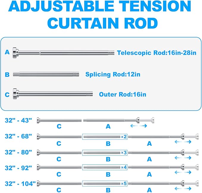 TEECK Shower Curtain Rod, 32-104 inch Adjustable Spring Tension Curtain Rod, Never Rust Anti-Slip Shower Curtain Rod for Bathroom, No Drilling, Never Collapse, Easy to Use, Silver