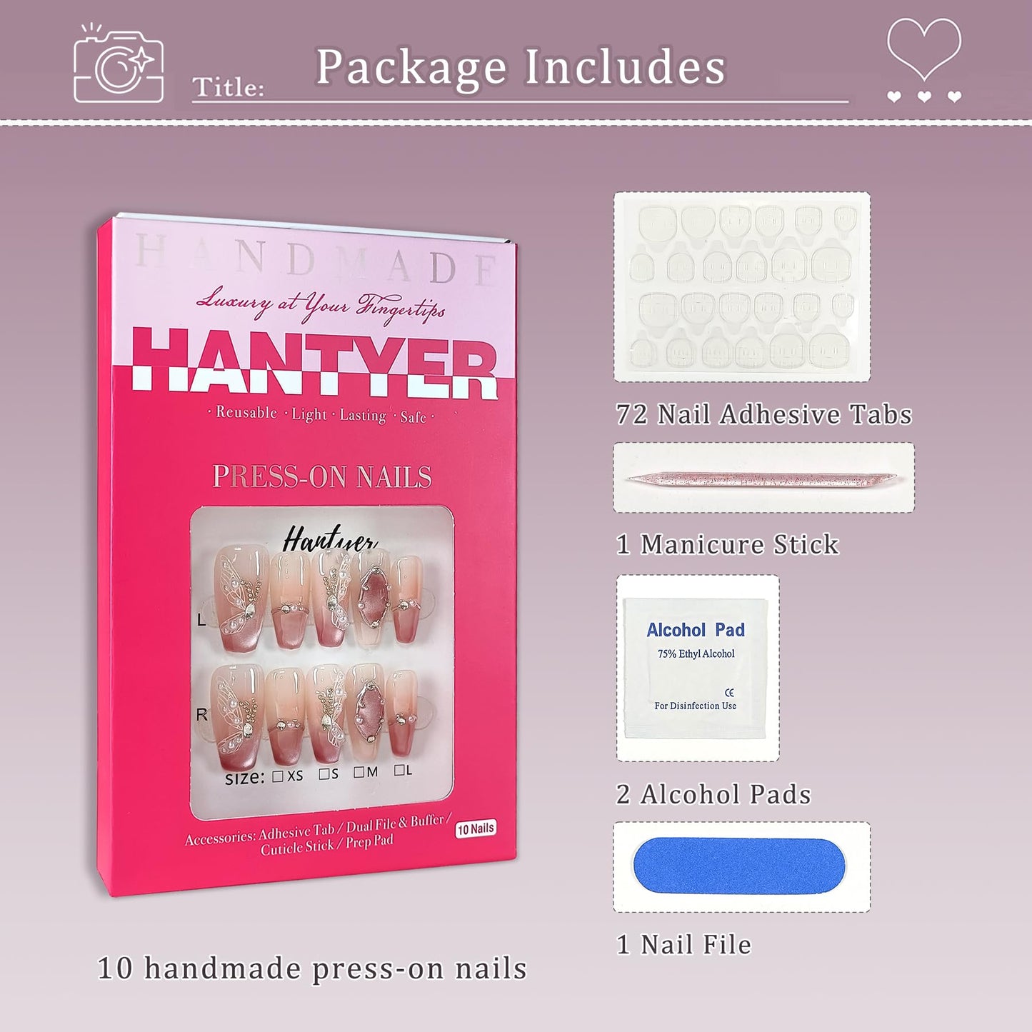 Hantyer Press on Nails Medium Coffin False Nails with Butterfly Design, White Rhinestones & Pearls, Pink Gradient Glossy Cat Eye, Handmade Tips with Tool Kit Salon Nails Sweet Style for Women(Size XS)