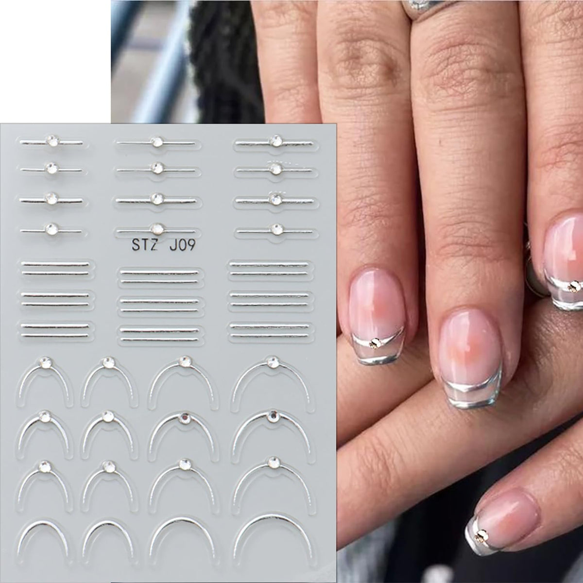 2 Sheets French Tip Nail Stickers for Nail Art Gold Silver French Nail Art Stickers with Crystal Diamond 5D Self-Adhesive Nail Supplies Embossed Line Nail Decals for Women DIY Manicure Decoration