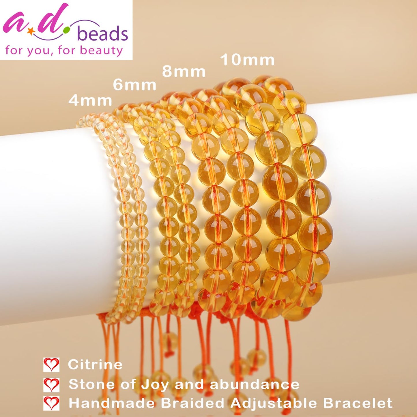 AD Beads 4mm Citrine Bracelet - Stone of Joy and abundance - Handmade Natural Stone Crystal Bracelet with Adjustable Macrame String - Yoga Healing Power Energy Gifts for Men and Women