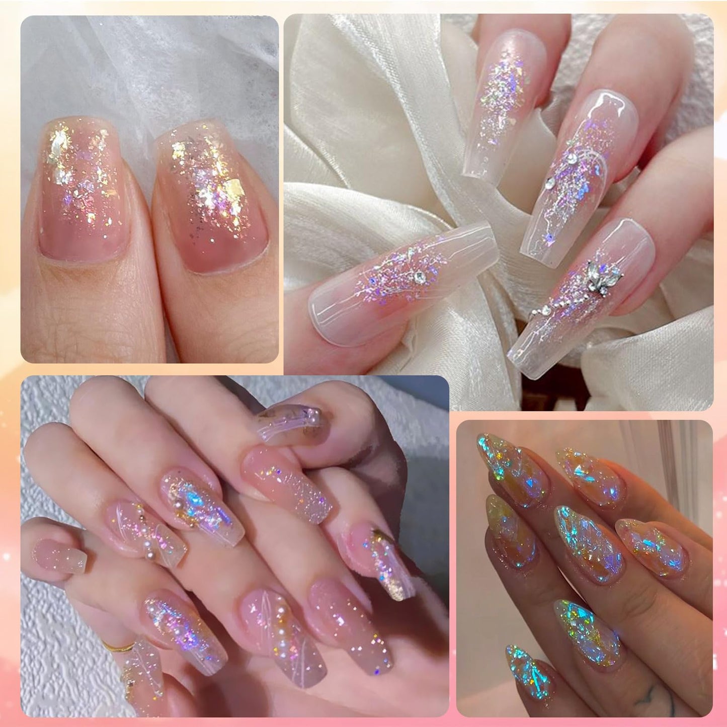 Holographic Aurora Opal Nail Flakes,12 Colors Iridescent Mermaid Nail Powder Gradient Ice Slag Nail Sequins Spring Summer for Gel Polish, Acrylic Nails, DIY Manicure & Resin Craft Supplies