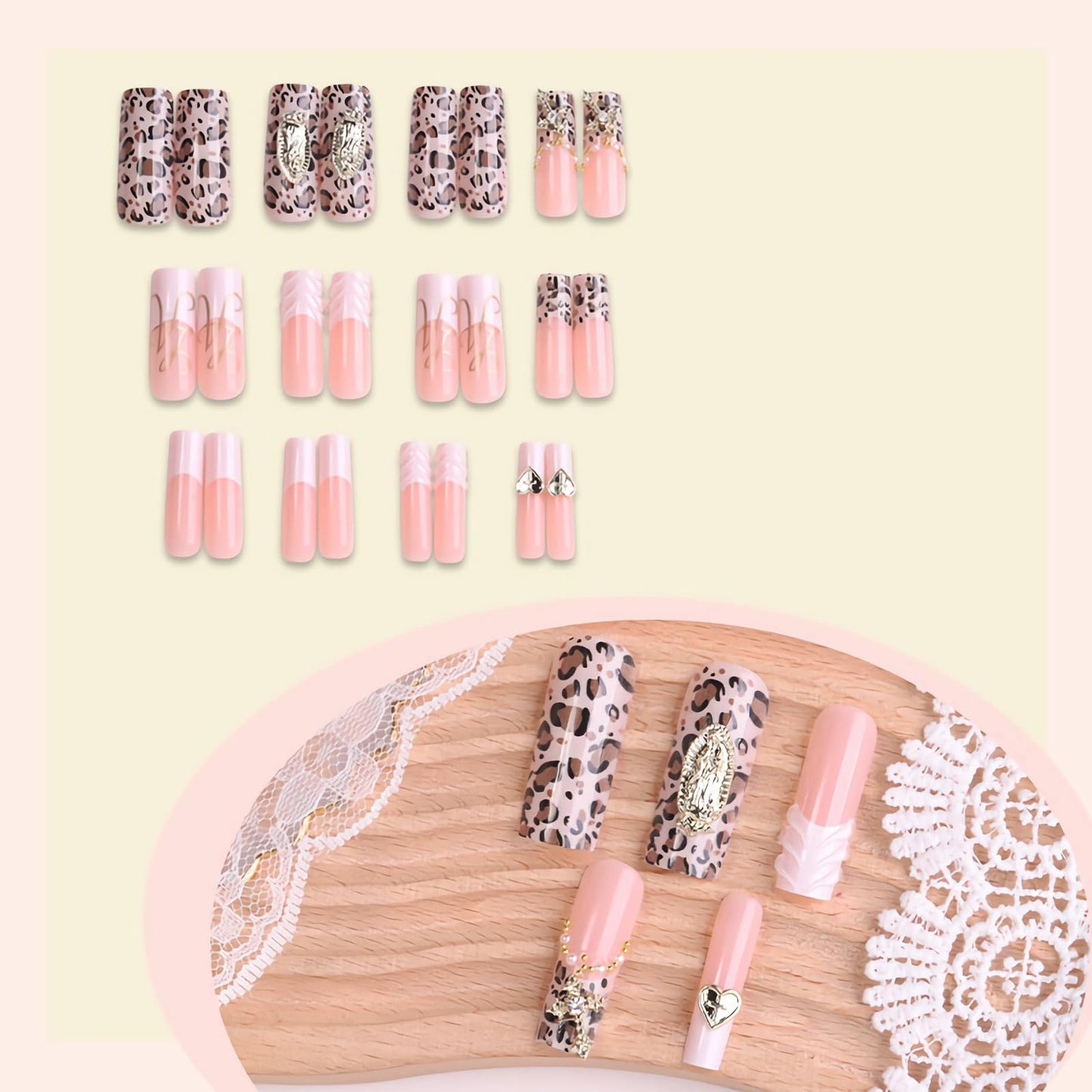 BABALAL Press On Nails, Long Square Fake Nails, Pink Ombre With White French Tip, Leopard Print & 3D Gold Cross Charm, Glossy Full Cover Glue On Nails For Women And Girls 24Pcs